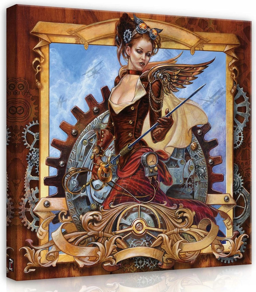 Vászonkép 40x40 Steampunk nő-pilóta mechanikus szárny fogaskerekek találmány