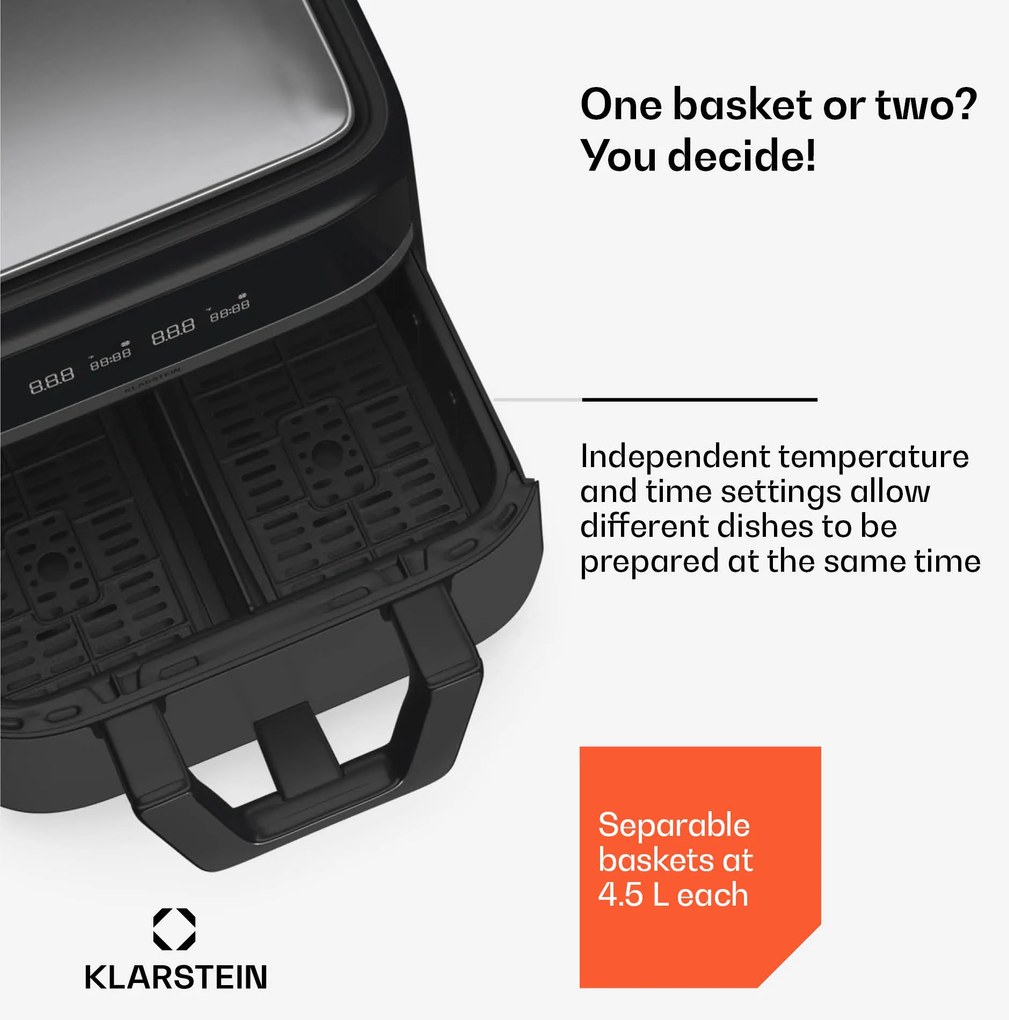Klarstein VitaFry Duo Elegance, forrólevegős fritőz, 2850 W, 9 l, 2 főzőzóna, 6 program