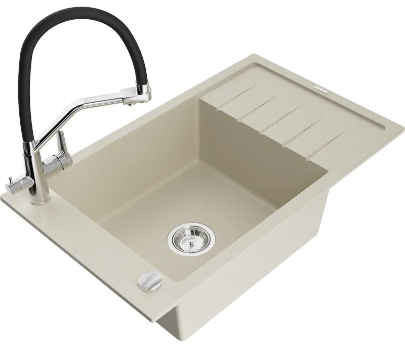 Mexen Elias egymedencés gránit mosogató lefolyóval és Duo konyhai csappal, bézs - 6511-69-671701-07