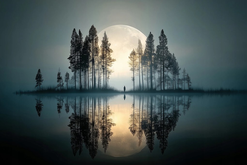 Canvas Vászonkép Telihold Köd Tó Erdő Magány 60 x 40