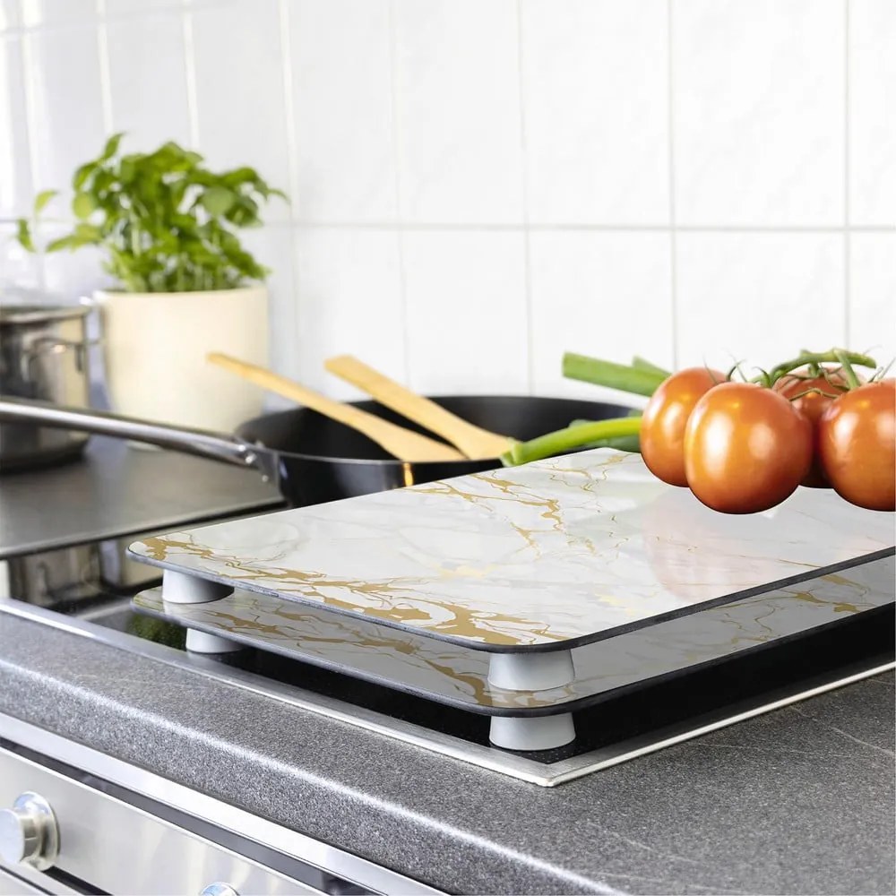Fehér-aranyszínű edzett üveg tűzhely fedőlap szett 2 db-os 30x52 cm Marble – Wenko