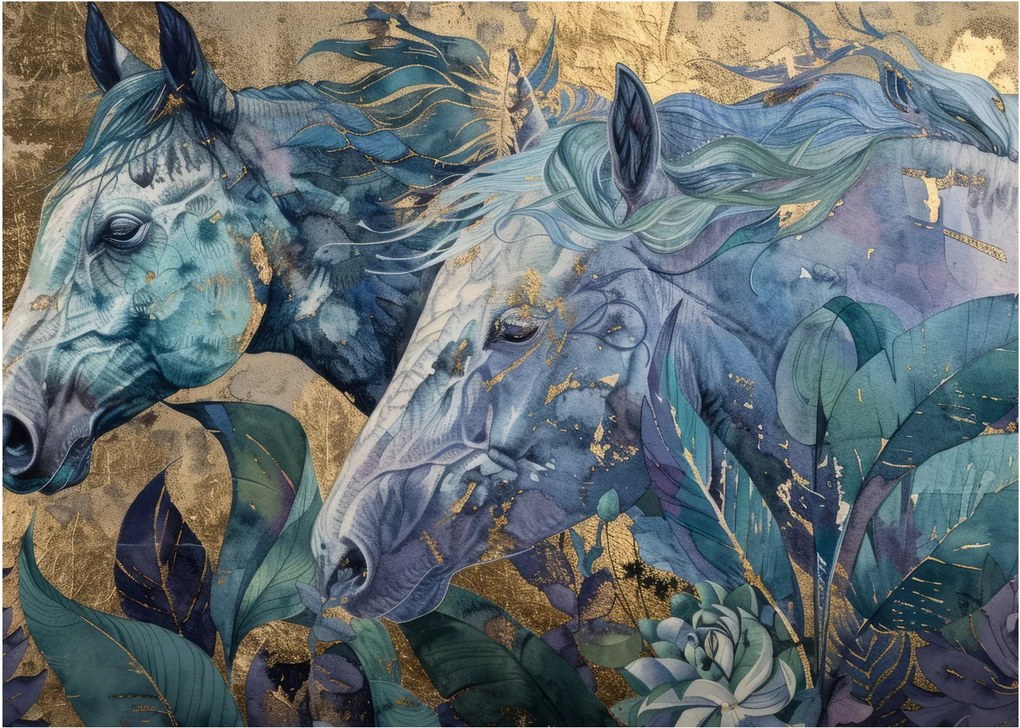 Üveg kép - Lovak arany háttérrel (70x50 cm)