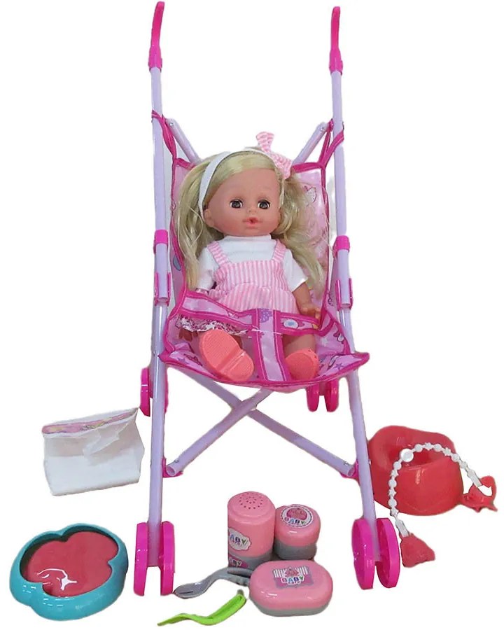 Beszélő játékbaba babakocsival és kiegészítőkkel