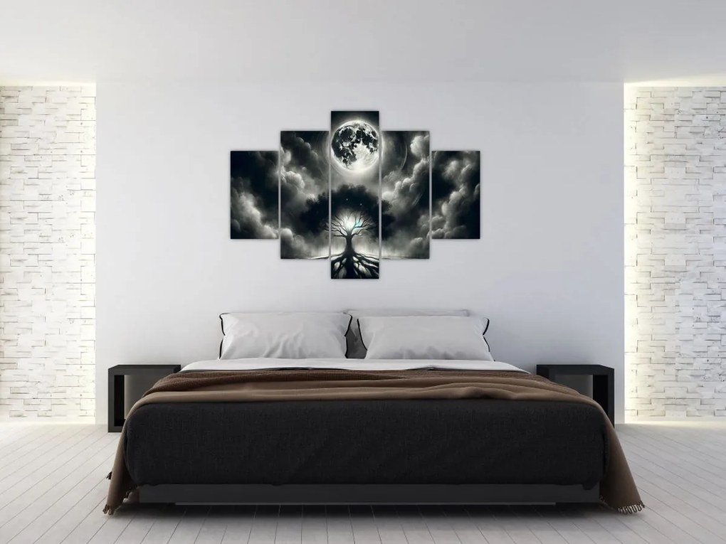 Kép – Fekete-fehér fa teliholdban (150x105 cm)