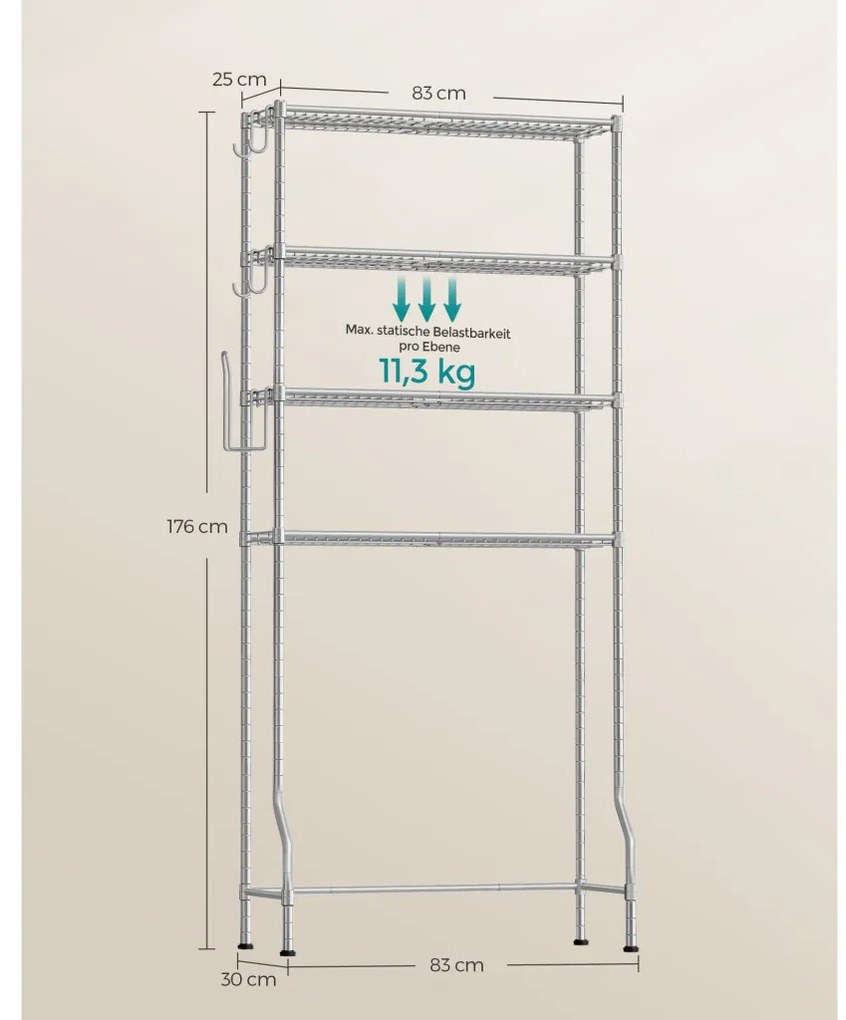 Tároló polc WC fölé, helytakarékos tároló állvány, ezüst 83x30x179cm