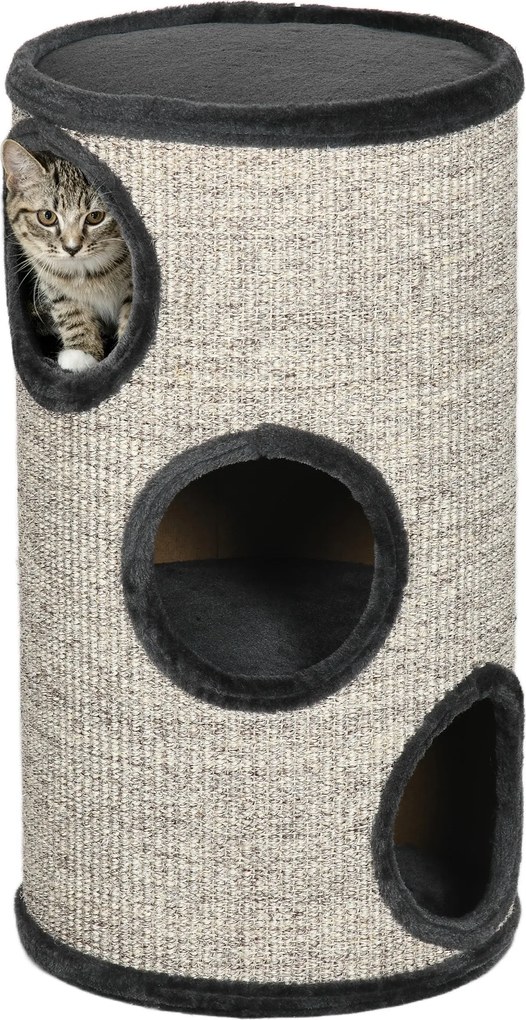 PawHut Kaparó Henger 70 cm Magas Ø 38 cm Háromszintes Macska Henger Plüss Szegéllyel, Macska Barlang, Kaparóoszlop Kicsi Macskák Számára, Világosszürk