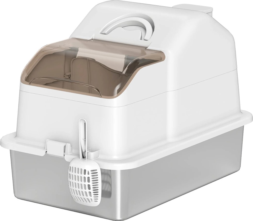 PawHut Extra Nagy Fedeles Macskaalomtartó Rozsdamentes Acél Tálcával, Levehető Fedél, Magas Peremű, Szagtalan, Könnyen Tisztítható Nagy Macskák Számár