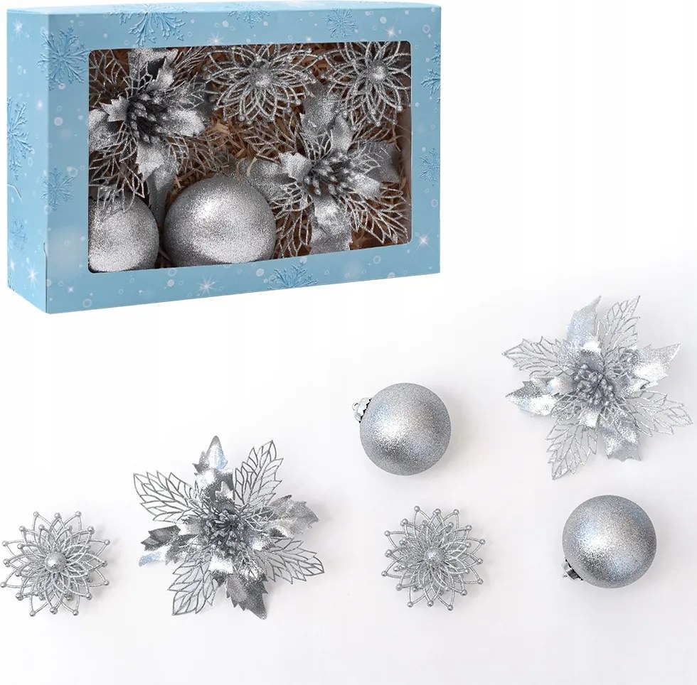 Ezüst karácsonyfadíszek Bombák szettben Karácsonyi csillag virág