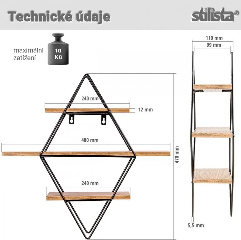 STILISTA Fali polc 48 x 47 x 11 cm sötét fa
