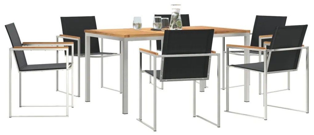 7 Darabos Kerti Étkező Szett Tömör Tíkfából, Kültéri Étkező Asztal 150x90x75 cm Tömör Tíkfából