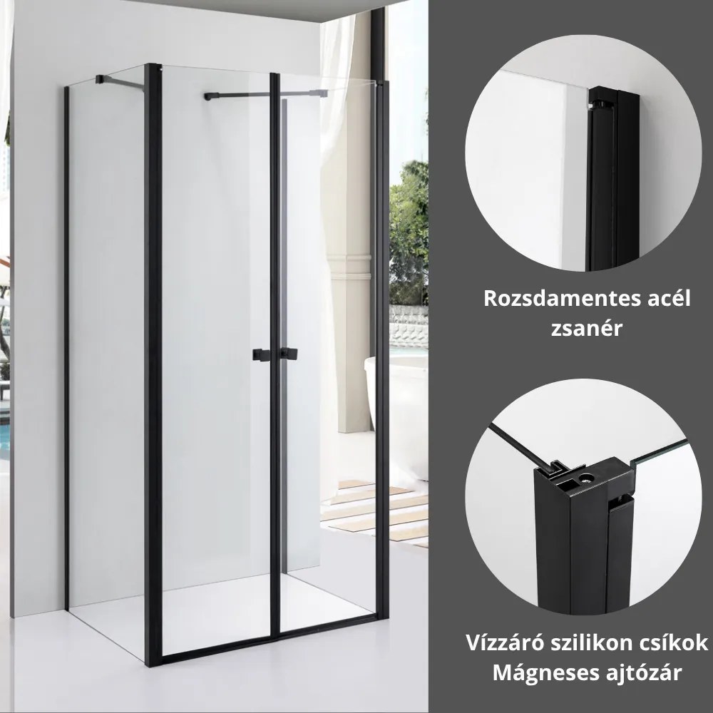 Stuxi Roma Black 80x80 falsíkra szerelhető 3 oldalú kétszárnyú nyílóajtós zuhanykabin 6 mm vízlepergető biztonsági üveggel, matt fekete elemekkel, 195 cm magas