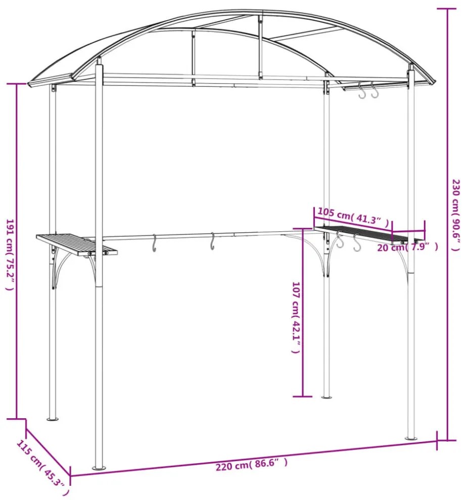 antracit acél grillező pavilon oldalsó polcokkal 220x115x230 cm