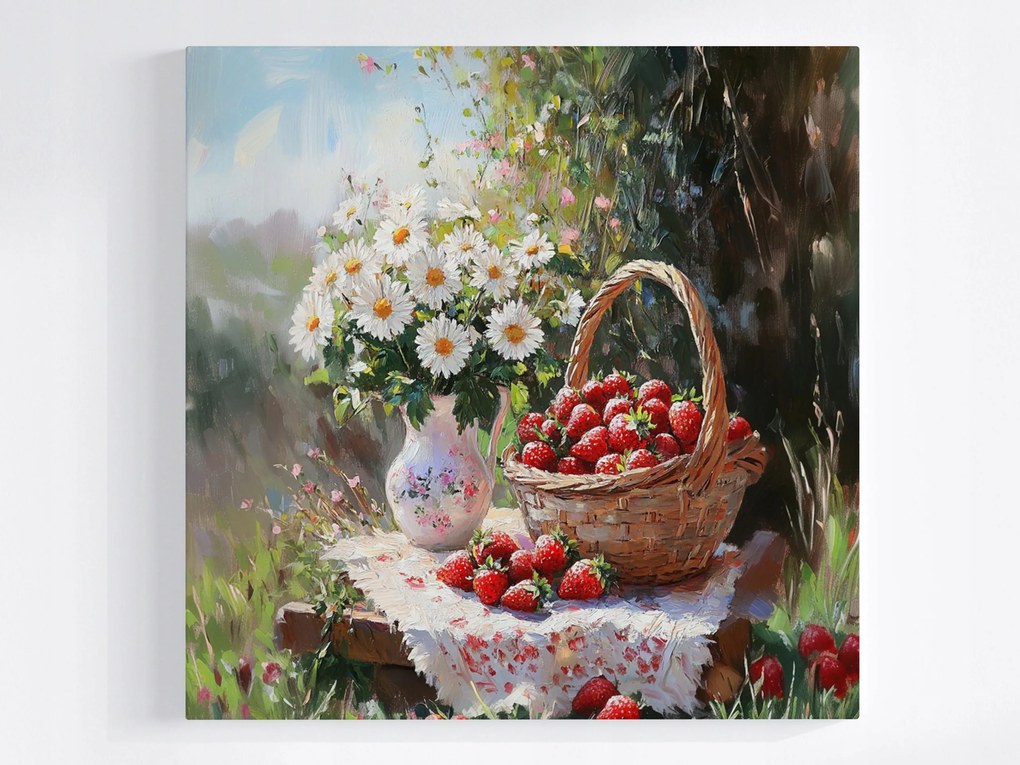 Poszter Kert Nyár Virágok Váza Gyümölcs Kosár Eper 80x80