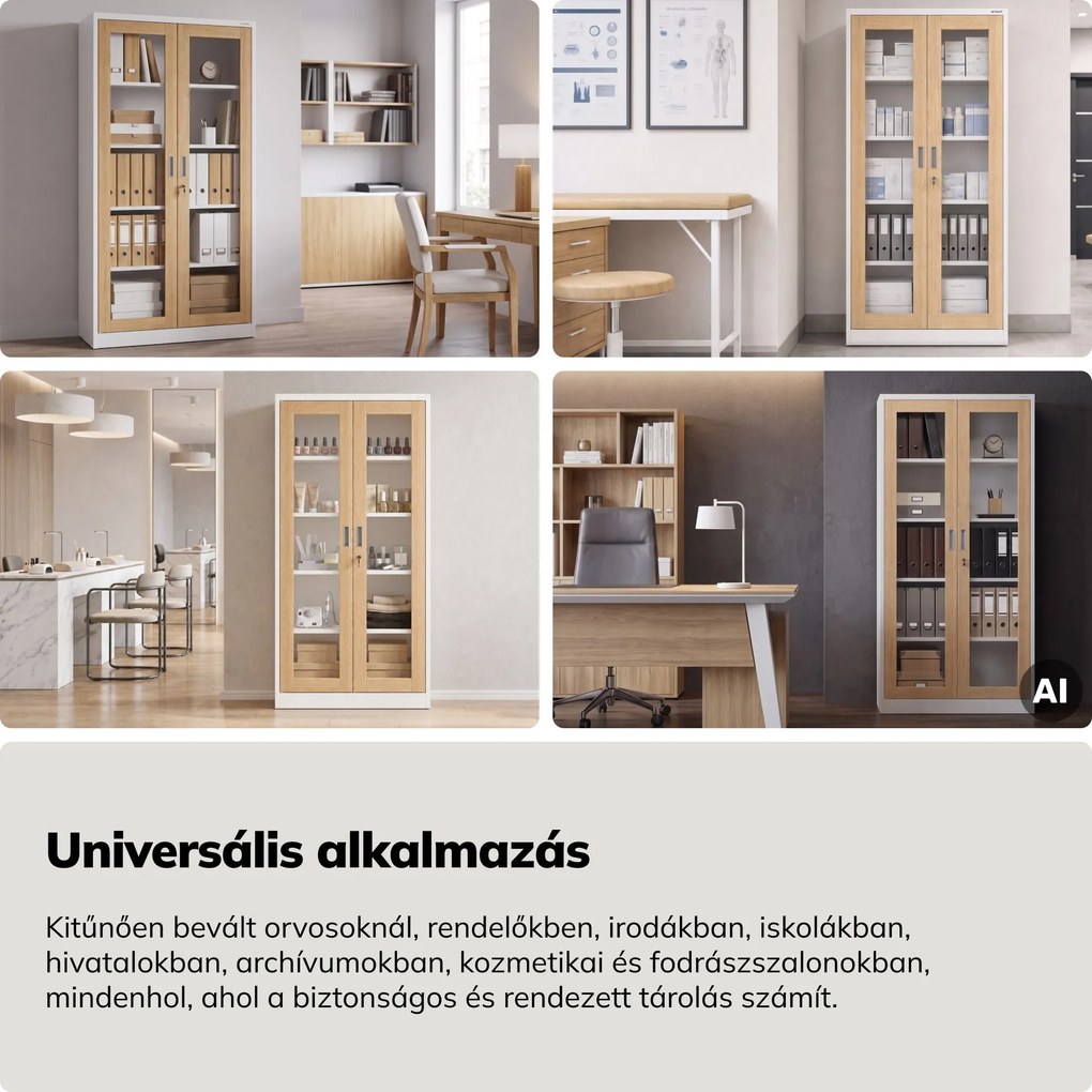 Fém szekrény vitrinnel, fehér, sonoma tölgy, 900x1850x400 mm: AMELIA Eco Design
