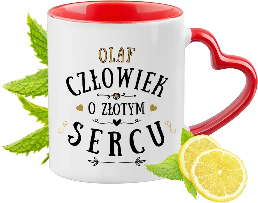 Olaf piros bögre szív alakú füllel ajándék nyomott mintával
