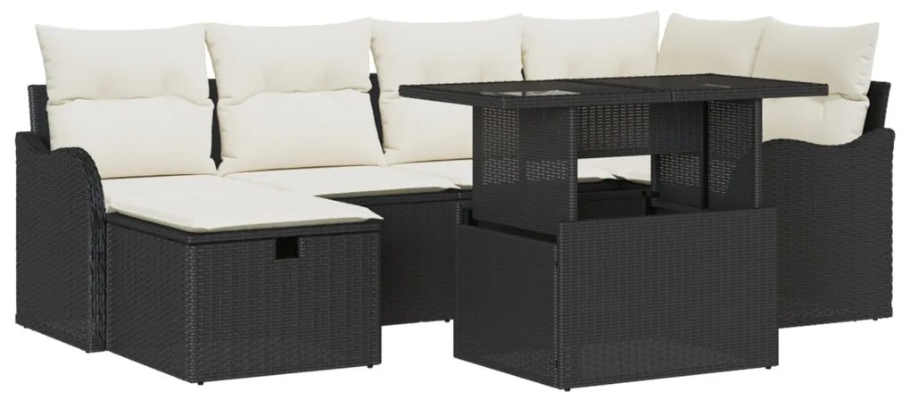 7 Darabos Kerti Sofaszett Párnákkal Fekete Poli Rattan, 2 Személyes Kerti Sofa Tárolóval és Párnákkal Fekete Poli Rattan