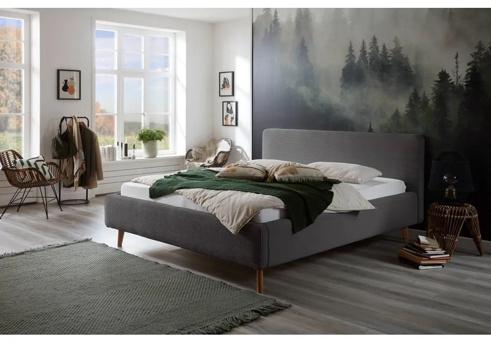 Szürke kárpitozott franciaágy tárolóhellyel ágyráccsal 180x200 cm Mattis Cord – Meise Möbel