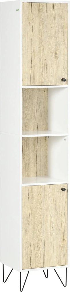Kleankin fürdőszobai oszlopszekrény, magas WC-szekrény, hajtű lábakkal, 2 zárt szekrénnyel, polccal és 2 nyitott rekesszel - 30 x 31,5 x 169 cm | Aoso