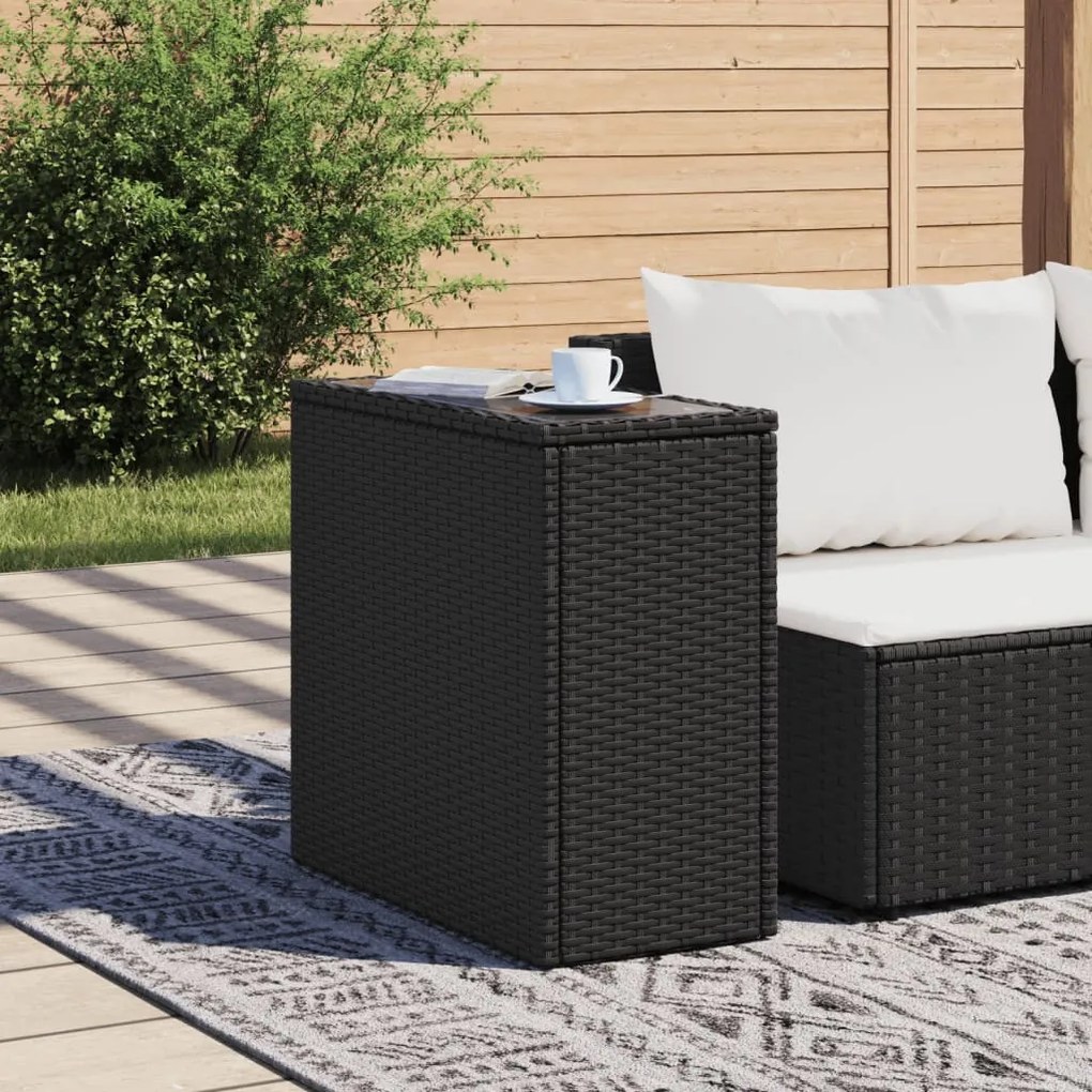 fekete polyrattan üveglapos kerti kisasztal 58 x 27,5 x 55 cm