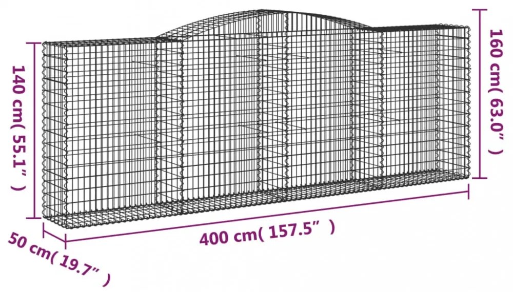 vidaXL 4 db íves horganyzott vas gabion kosár 400x50x140/160 cm