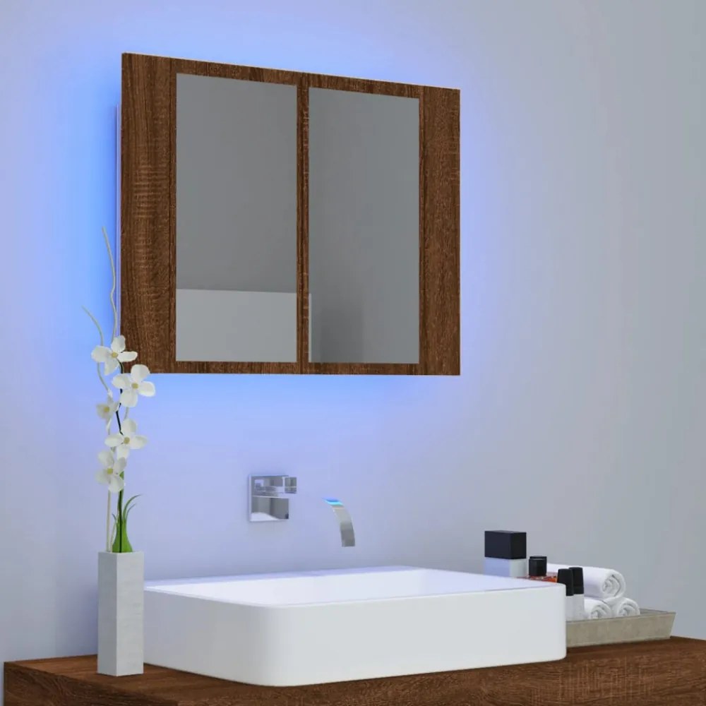 barna tölgyszínű szerelt fa tükörszekrény LED-del 60x12x45 cm