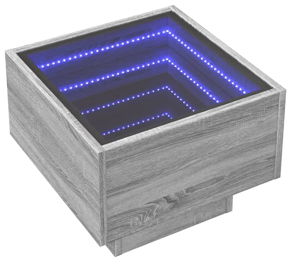 szürke sonoma színű szerelt fa kisasztal LED-del 40x40x30 cm