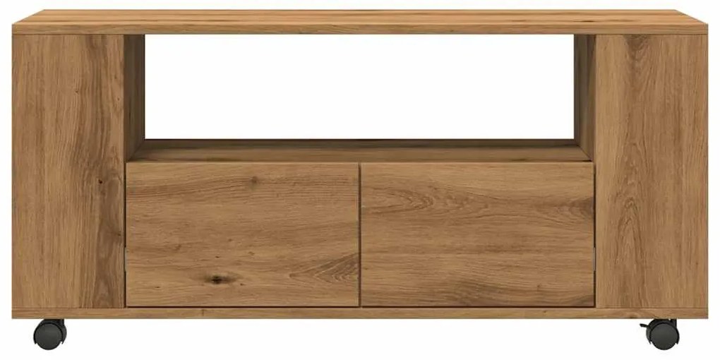 kézműves tölgy szerelt fa TV-szekrény kerekekkel 102x34,5x43 cm