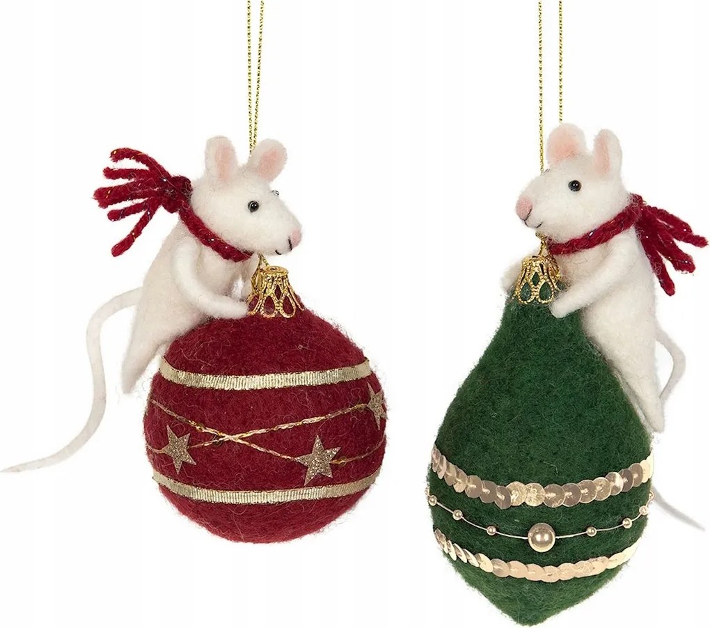 Karácsonyfa Bombák Zöld Piros Egér 2 db Gyapjú Karácsonyfa Bomba
