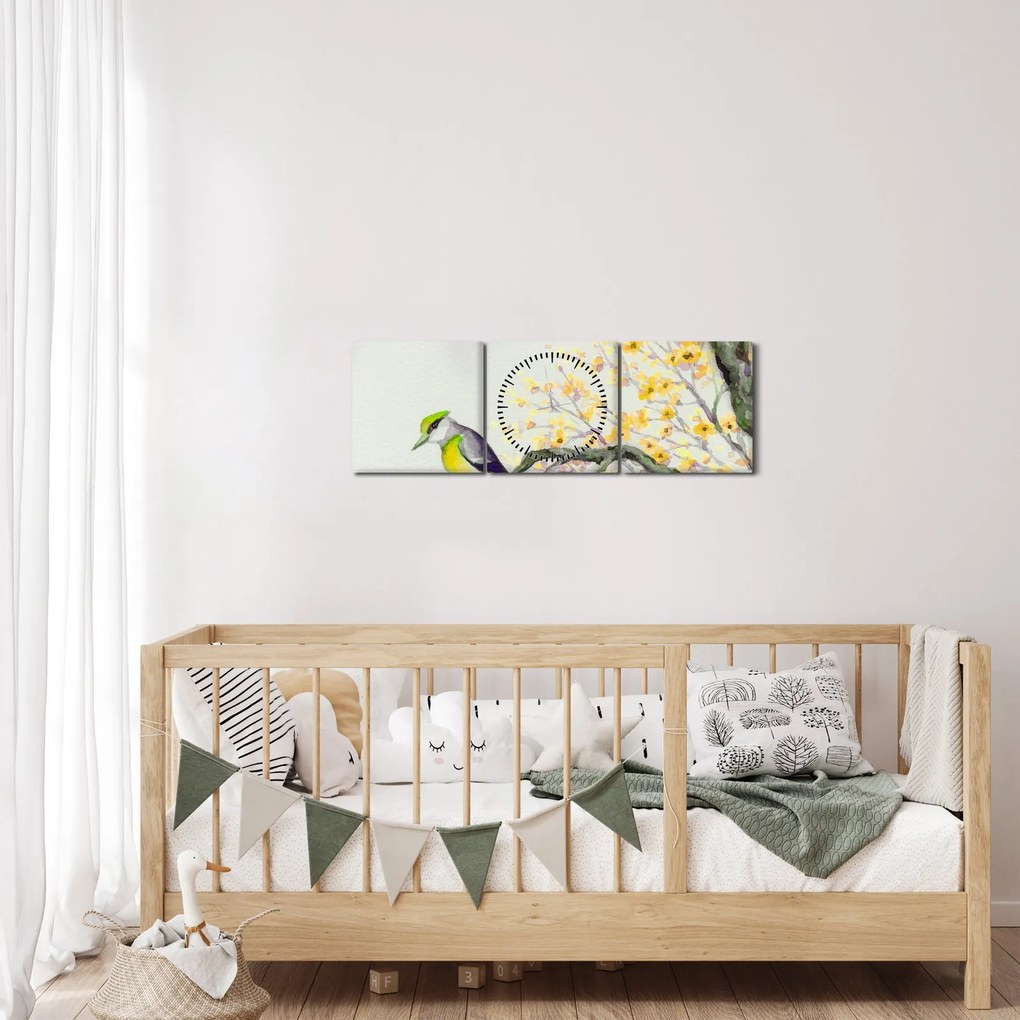 Kép - Akvarell madár a fán (órával) (90x30 cm)