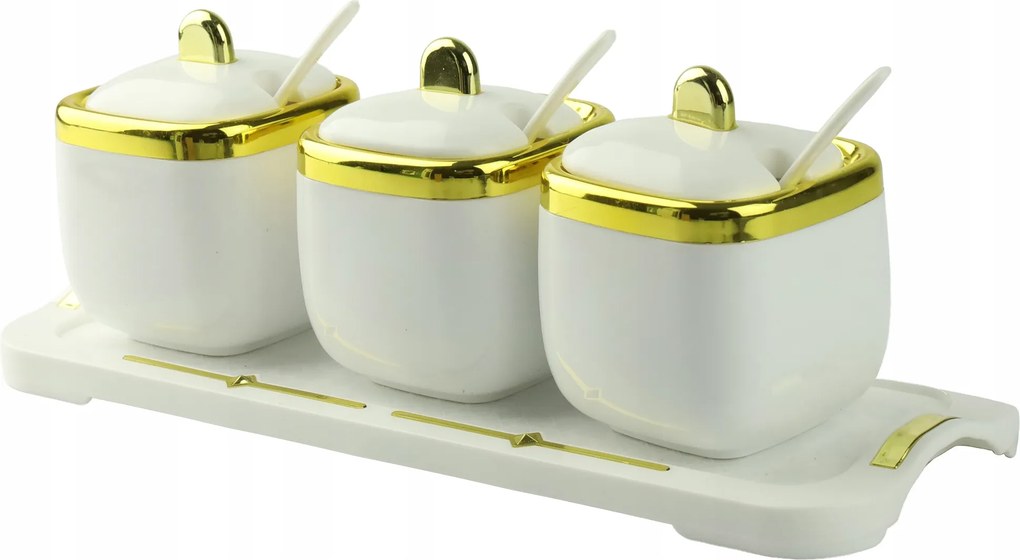 3x Fehér Tartályok Teáskanál Állvánnyal, Arany Elemekkel