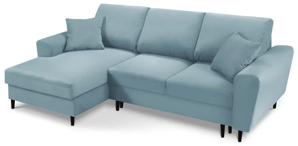 Világoskék kordbársony kinyitható tárolóhelyes sarokkanapé (bal oldali-heverő résszel) Kyoto – Cosmopolitan Design