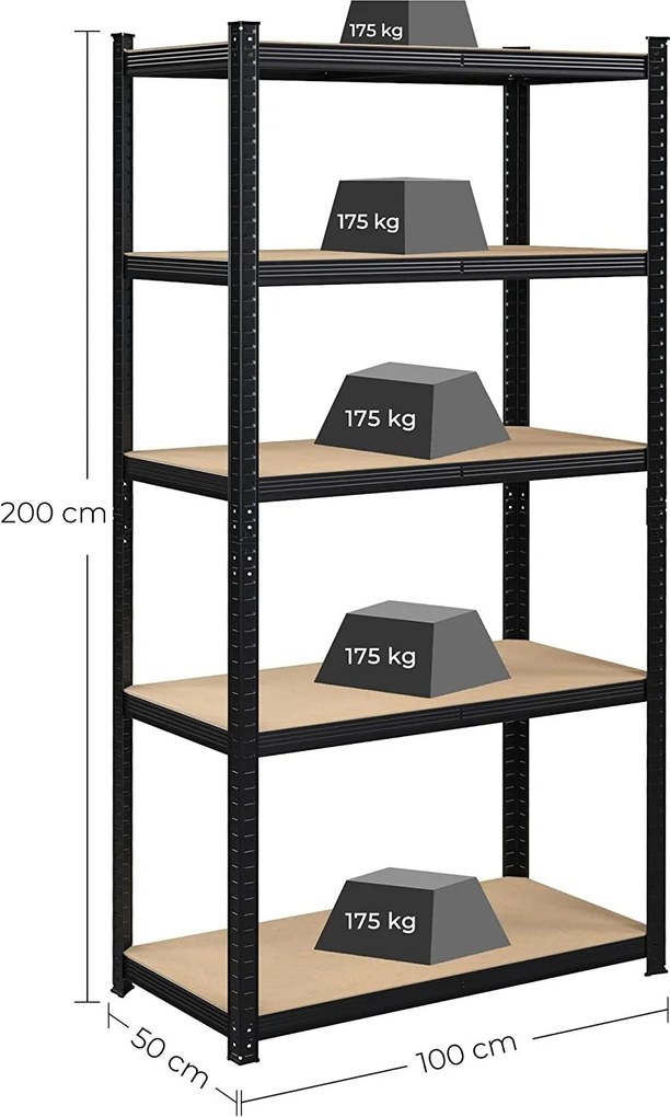 Polcos állvány, 120kg polconkénti teherbírással, fekete 200x100x50cm