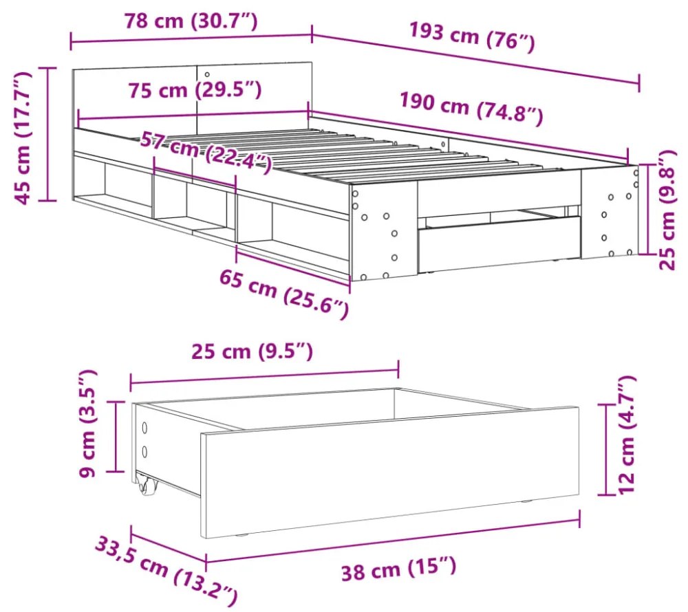 füstös tölgy színű szerelt fa ágykeret fiókkal 75x190 cm