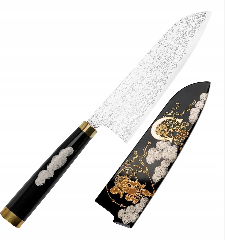Takeshi Saji Art Fujin Raijin Kovácsoltvas R-2 Japán Santoku kés 18cm és Saya