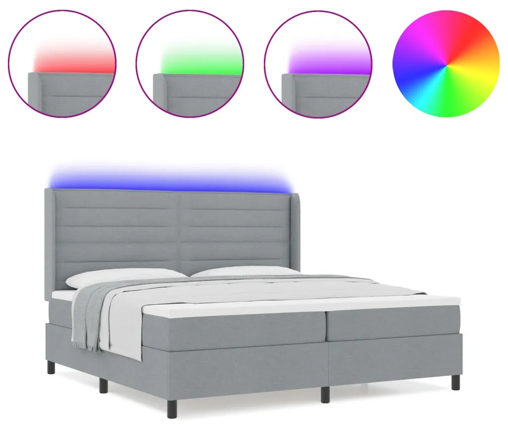 Boxspring Ágy Matrac &amp; LED Világosszürke 200x200 cm Szövet