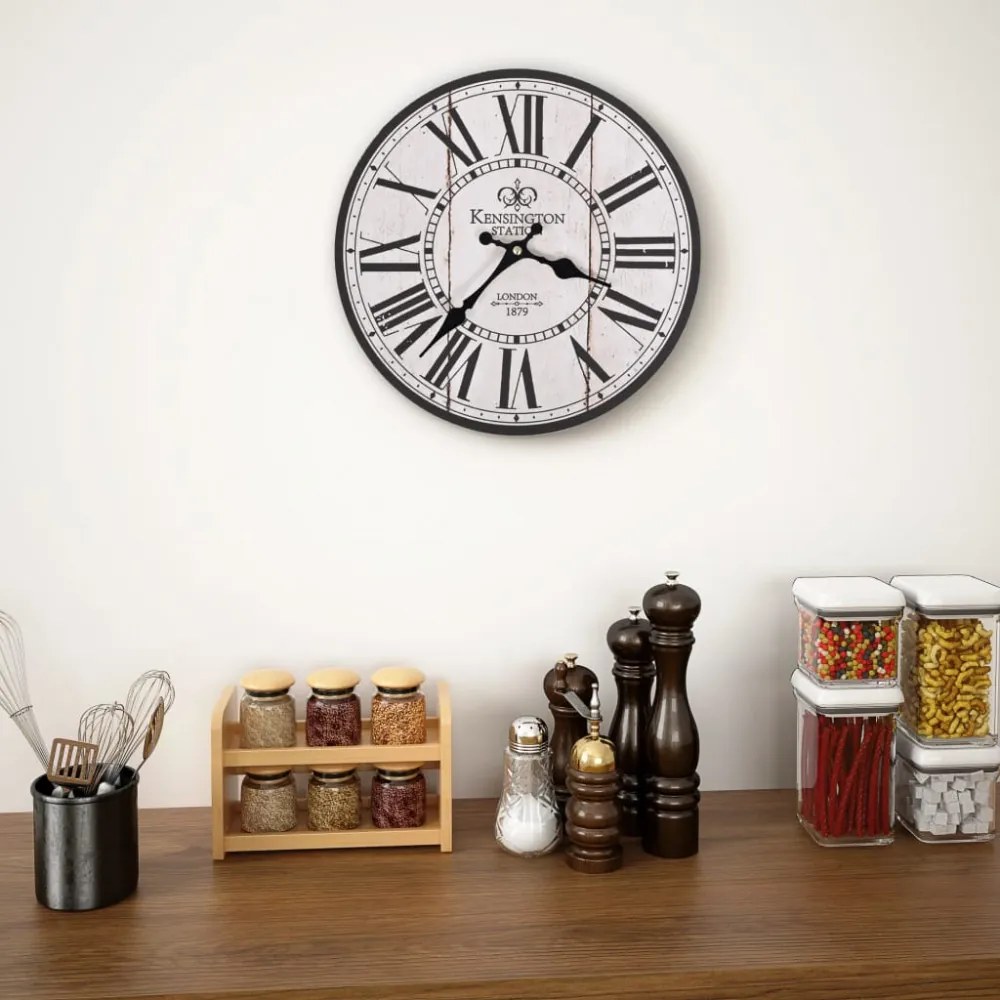Vintage stílusú konyhai falióra london mintával, 30 cm átmérőjű