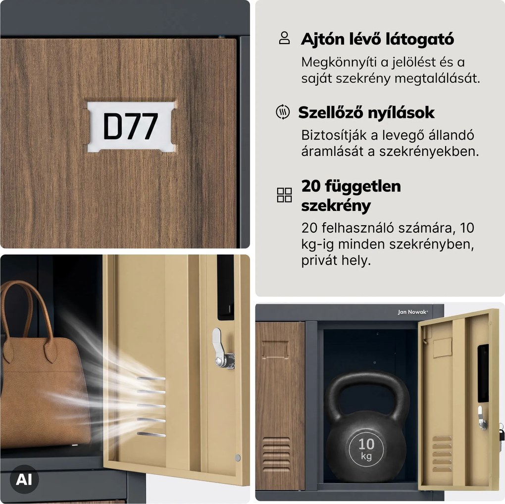 20 rekeszes, lábakon álló szociális szekrény, antracit/dió, 1360x1720x450 mm: ROBERT Eco Design