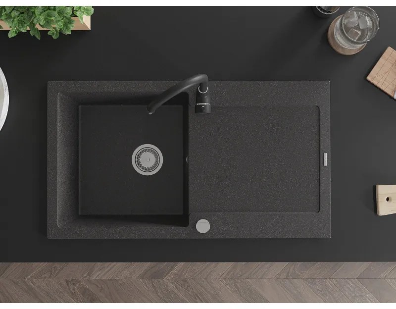 Mexen Leo, gránit mosogató 900x500x190 mm, 1 kamrás és fekete Telma csaptelep, fekete foltos, 6501-76-670200-70