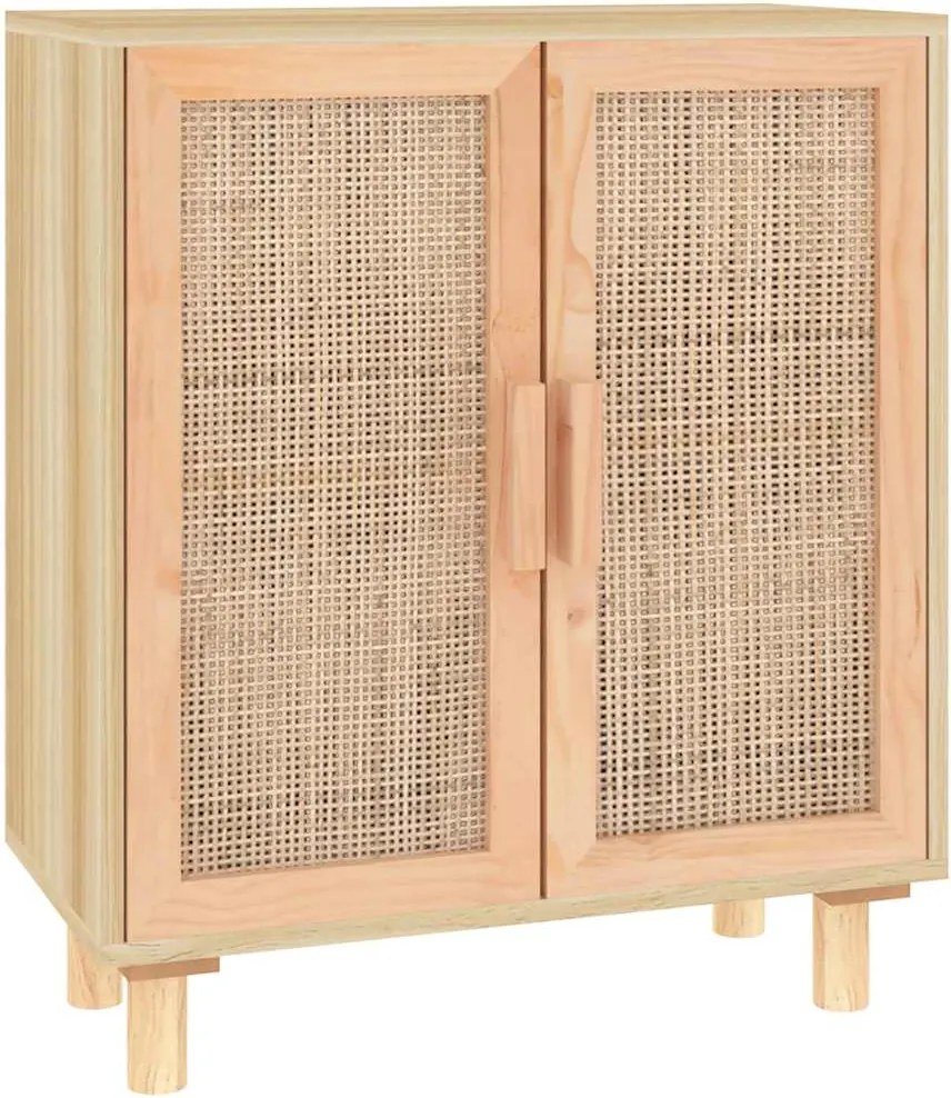 vidaXL barna tömör fenyő/természetes rattan tálalószekrény 60x30x70cm