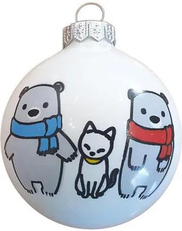 Maci család cicával fényes fehér 8cm - Karácsonyfadísz