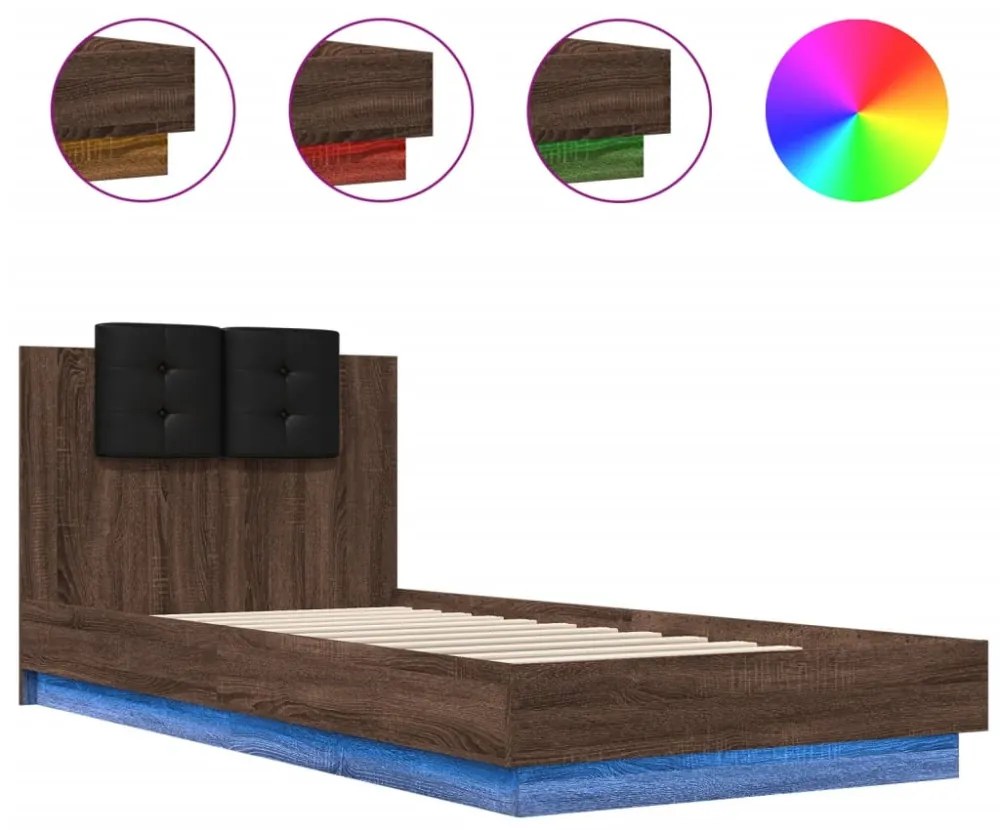 barna tölgy színű ágykeret fejtámlával és LED-ekkel 90 x 200 cm