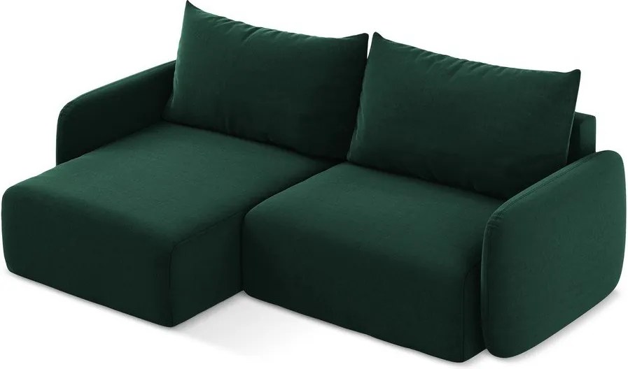 Sötétzöld bársony kinyitható-tárolóhelyes sarokkanapé (bal oldali-heverő résszel) Kalena – Makamii