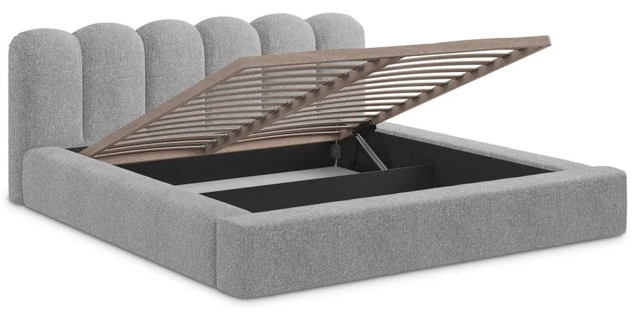 Szürke kárpitozott ágyneműtartós franciaágy ágyráccsal 140x200 cm Mano – Makamii