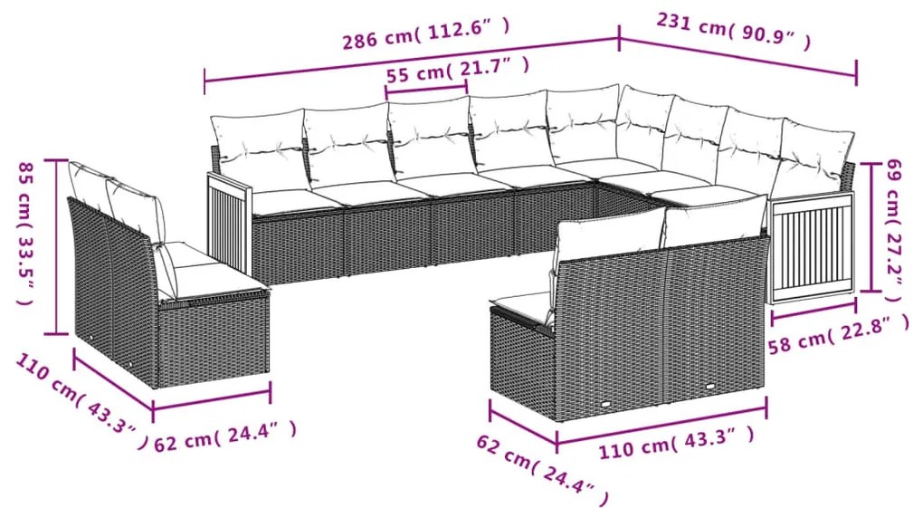 12 részes szürke polyrattan kerti ülőgarnitúra párnákkal