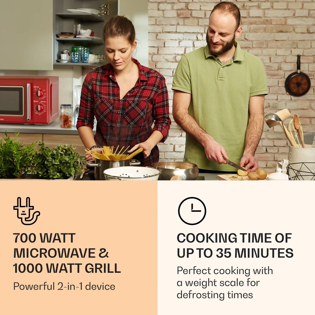 Klarstein Caroline, mikrohullámú sütő, 20 l, 700/1000 W, Ø 25.5 cm, QuickSelect, retró, piros