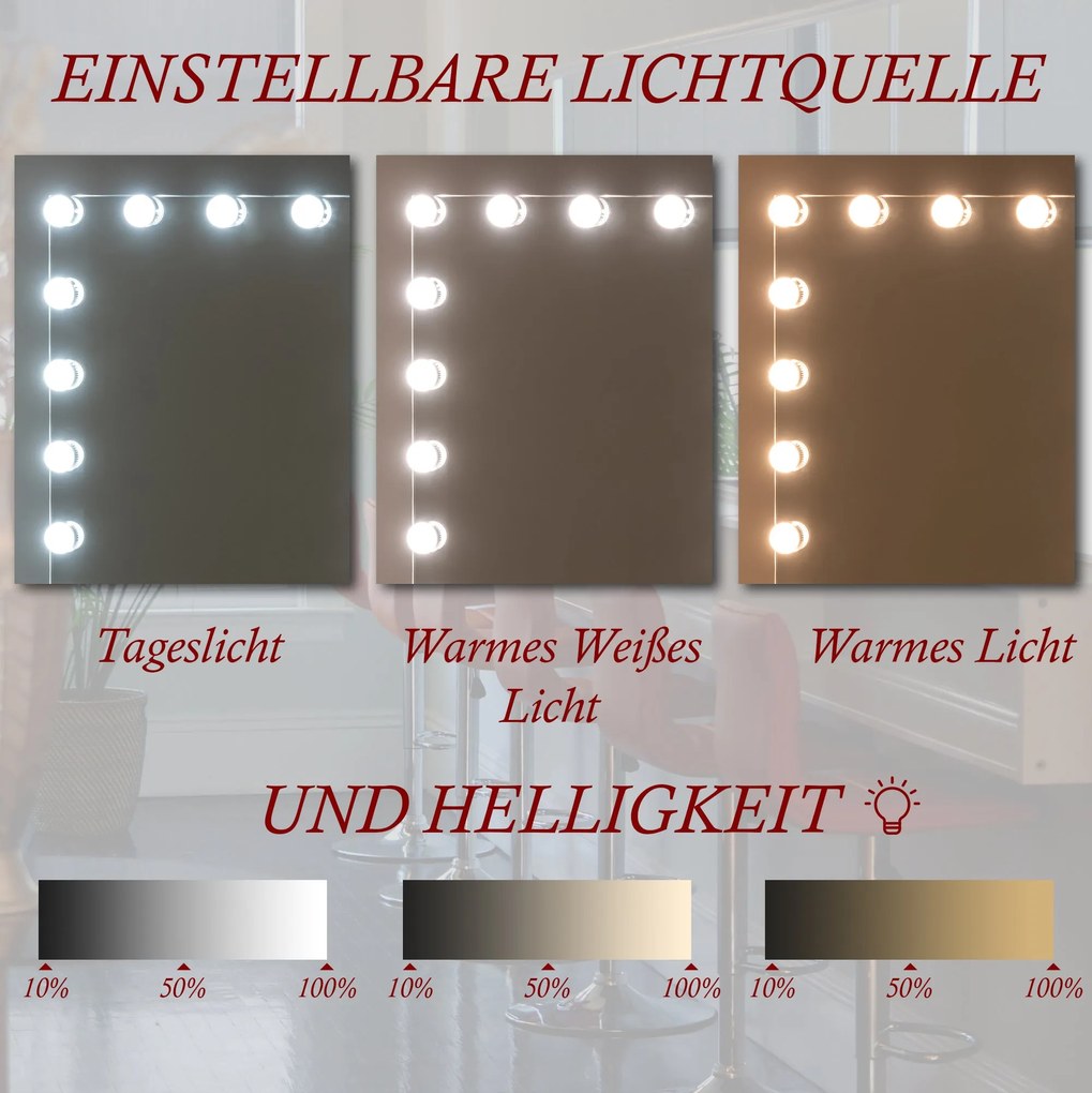 Hollywood tükör, LED-es sminktükör, állítható színhőmérséklet, dimmelhető (46 x 58 cm)