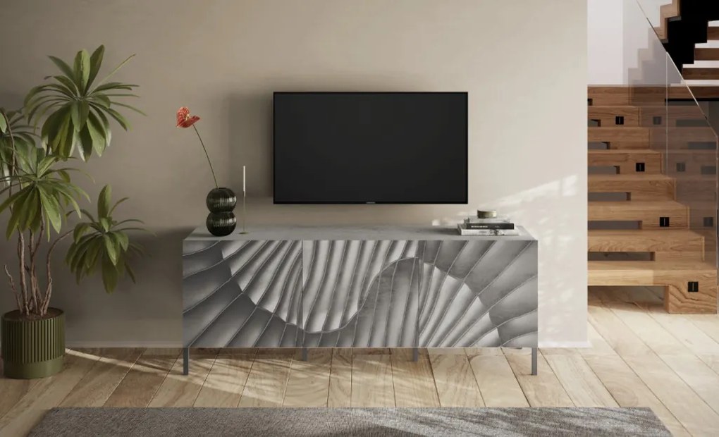 SNAKE háromajtós komód, betonhatású testet és szürke, díszített mintázatú előlapokkal