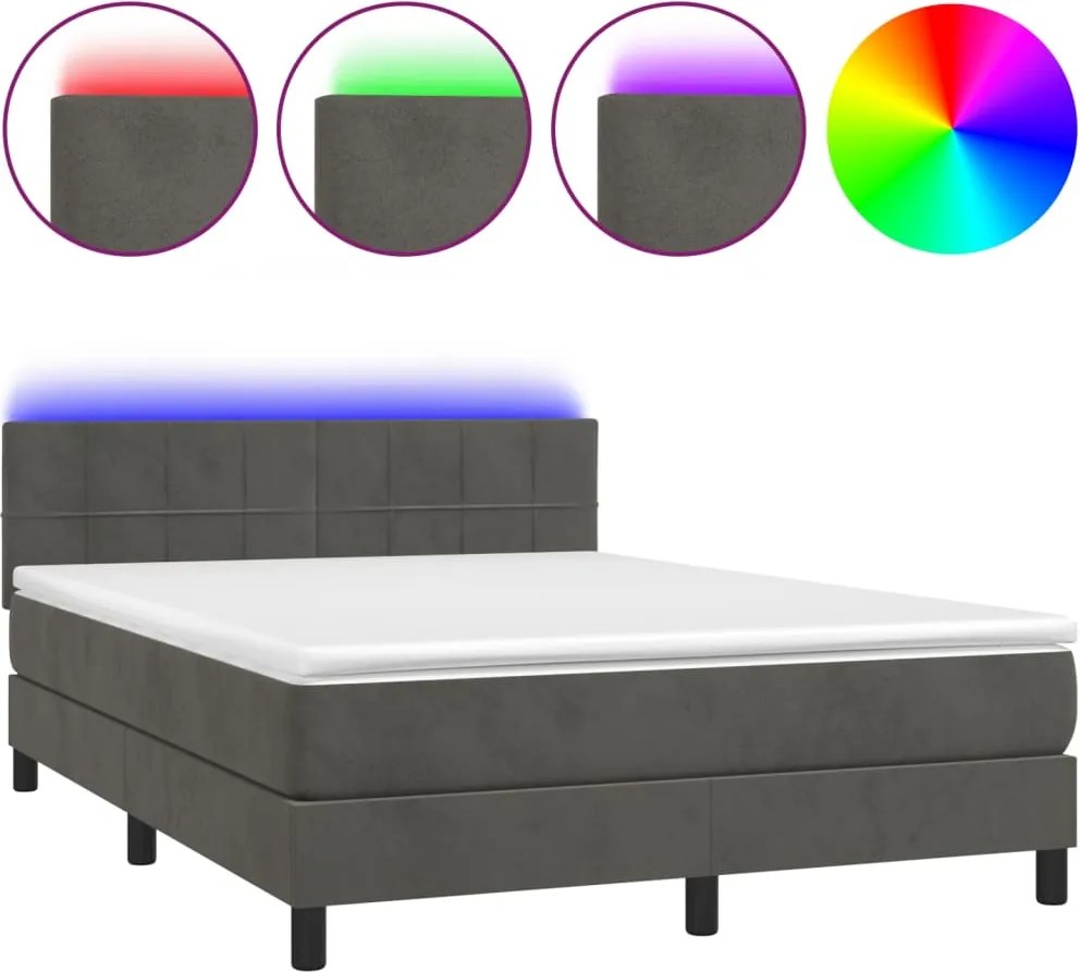 vidaXL sötétszürke bársony rugós és LED-es ágy matraccal 140x200 cm