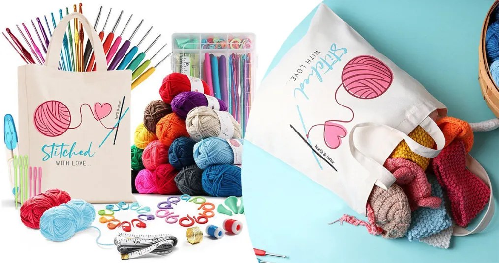 Horgoló készlet színes fonalakkal, kiegészítőkkel ajándék válltáskában