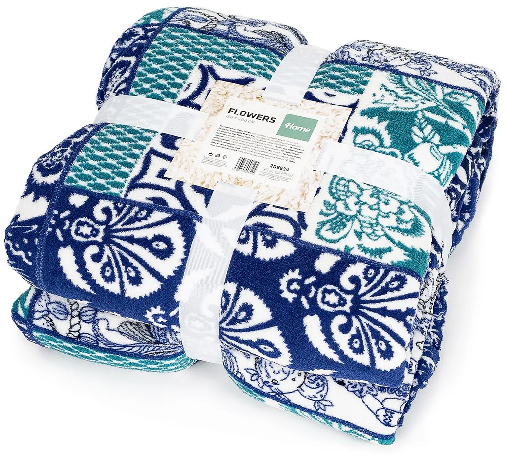 4Home gyapjú hatású pléd Flowers kék, 150 x 200 cm